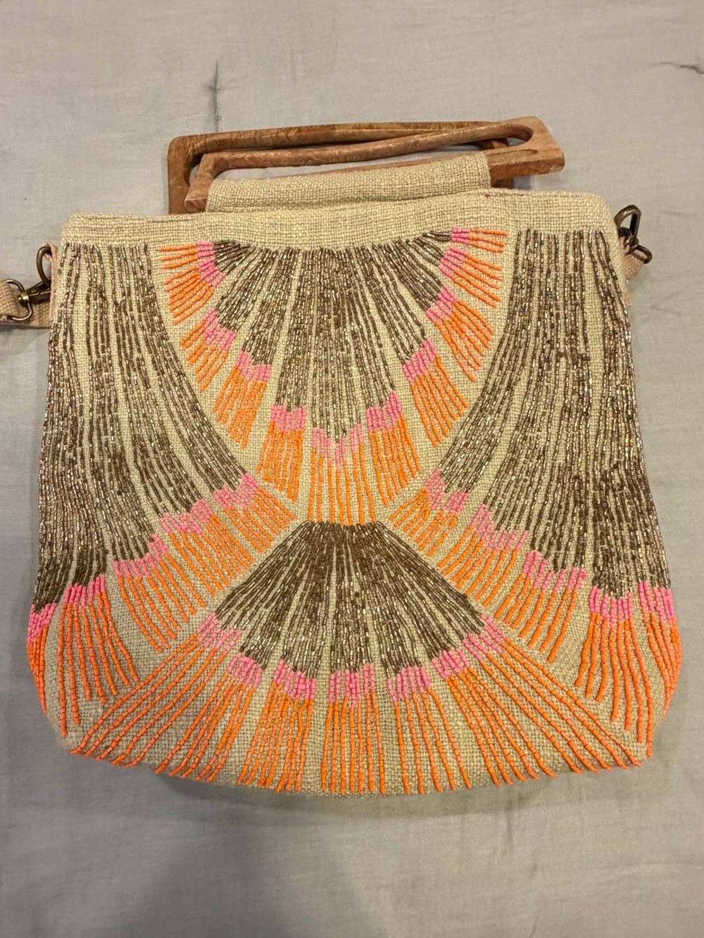 Beaded Neutral Shoulder Bag with Pink & Orange Accents